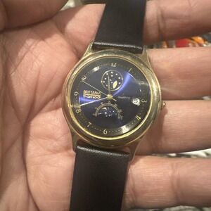 Works Vintage Brittania Moon Phase Blue Dial New Leather Unisex Watch 34.5mm 8"